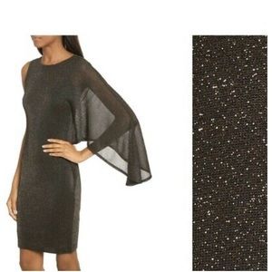 Ted Baker London Draped One-Shoulder Dress Black Gold Metalic